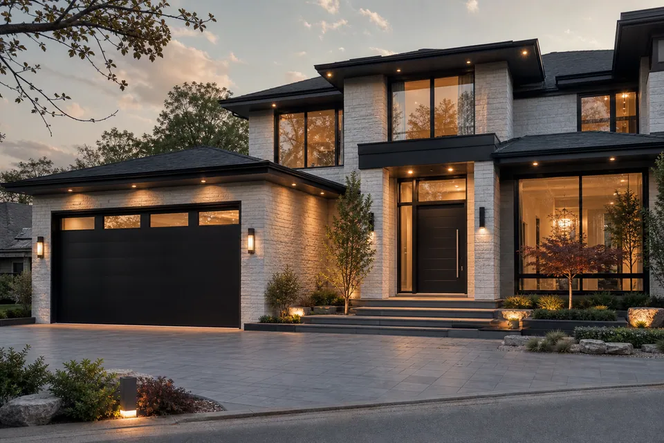 Architectural home with coordinated charcoal garage and entry doors in warm evening light