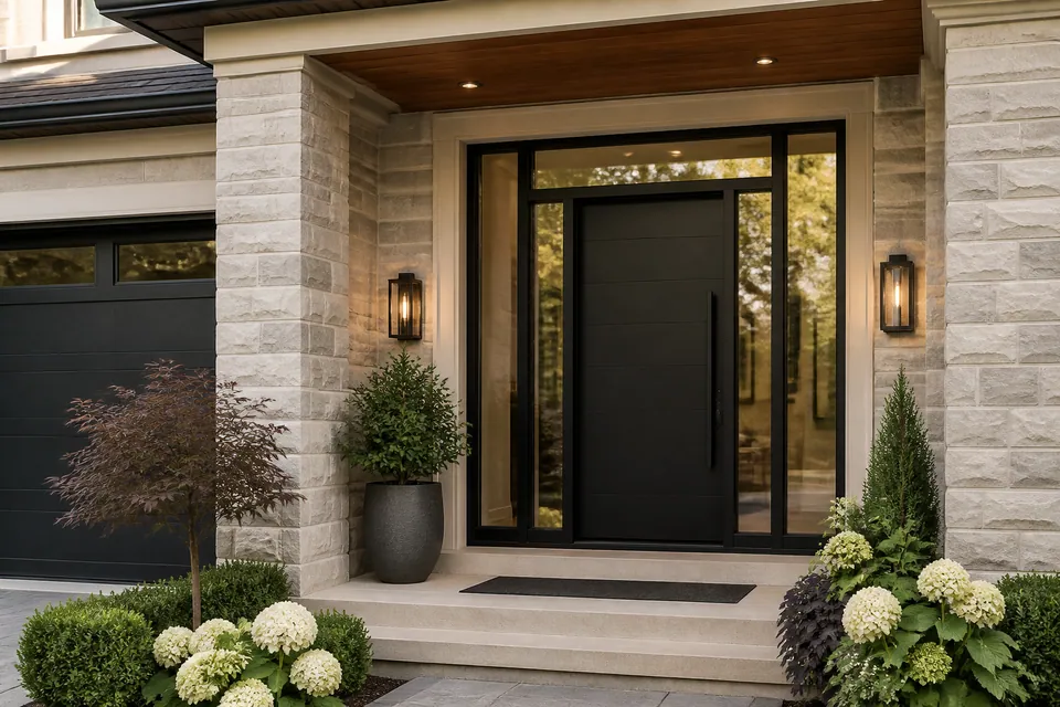 Black Front Door in a Stone Entrance